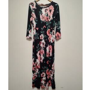 Women's Floral Black Pink Long Sleeve Slinky Feminine Modest Long Dress Size XXL